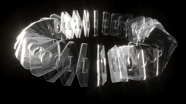 Shine transparent rectangle boxes on black bg rotate endless 4k