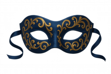 Venetian masquerade mask on transparent background, featuring elegant blue and gold baroque scrollwork design