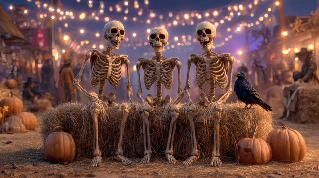 Three skeletons sitting on hay bales surrounded by pumpkins at a Halloween festival.