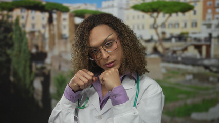 Hispanic transgender woman doctor with stethoscope raises determined fists in roman ruins building;...