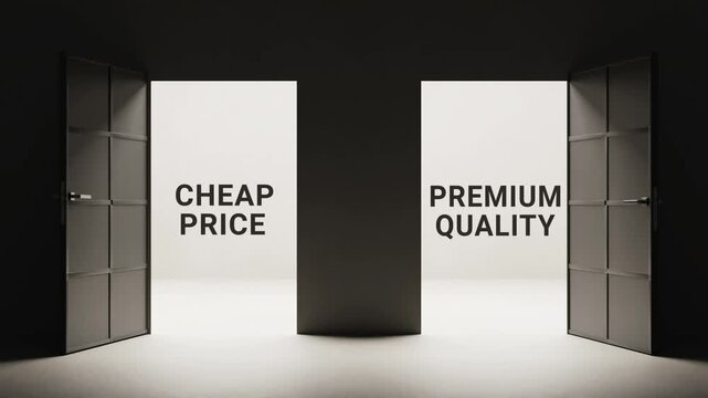Cheap Price vs Premium Quality concept animation, two opening doors revealing consumer contrast, metaphor of value, product worth and business decision
