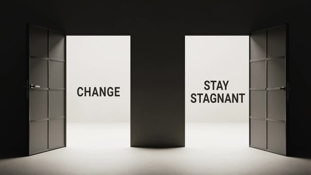 Change or Stay Stagnant concept animation, two opening doors revealing growth and comfort zone contrast, metaphor of personal development and transformation