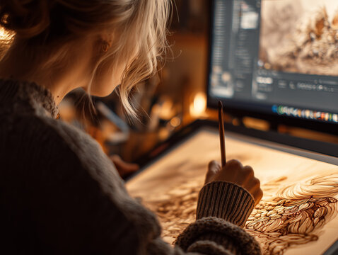 Woman editing photos on computer in creative workspace