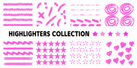 Collection of hand drawn pink highlighter brush stroke elements and shapes for design