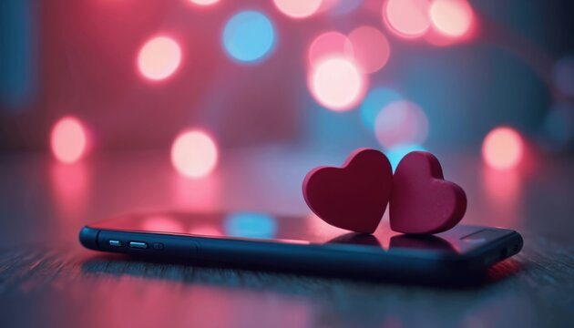 Two hearts rest on a smartphone against a backdrop of blurred festive lights. Digital connection and romance are expressed through mobile devices. Love and relationships are communicated online.