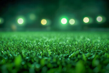 Naklejka premium Fresh green grass glistens with dew under soft, blurred lights in a park during a calm evening