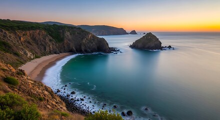 Fototapeta premium Serene Coastal Landscape at Sunset - A Tranquil Beach Scene.