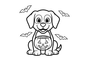 Cute puppy with jack-o'-lantern bucket and bats, Halloween trick-or-treat line art for coloring pages, scalable vector EPS graphic