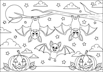 Cute Halloween Coloring Page Featuring Adorable Bats Hanging from a Tree Branch and Jack-o'-lanterns Under a Cloudy Sky
