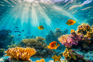 Obraz premium Brightly colored fish swim among vibrant coral reefs in a clear ocean environment, illuminated by sunlight rays filtering through the water
