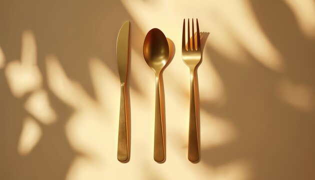Golden cutlery set laying on table in light. Spoon fork and knife for dining. Sunlight creates shadows on beige surface. Food concept for kitchen design template. Luxury style kitchenware.