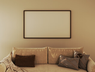 Minimalist living room with beige sofa and blank frame on the wall. Cozy modern home interior with neutral tones and natural sunlight.