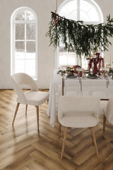 Holiday dining setup with white tablecloth, red ornaments and greenery garland. Elegant modern interior in soft daylight with cozy Christmas mood for 2025–2026.

