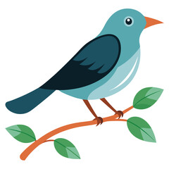 Minimalist Bird with Branch and Leaf Vector Illustration on White Background