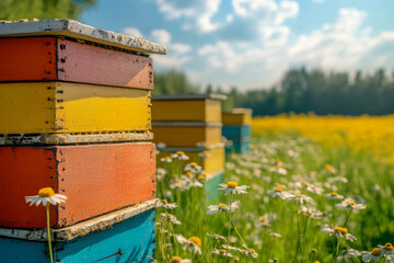 Brightly painted beehives stand in a field of daisies under a clear blue sky, surrounded by vibrant wildflowers on a sunny day