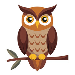Owl Sitting on Branch with Leaves Vector Illustration on White Background
