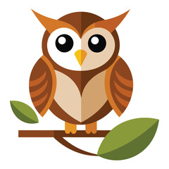 Owl Sitting on Branch with Leaves Vector Illustration on White Background