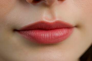 Fototapeta premium Lips are highlighted in a close-up, revealing a soft pink lipstick applied neatly on smooth skin. A beauty routine is evident