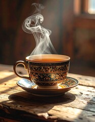 Steaming cup of tea on a rustic wooden surface