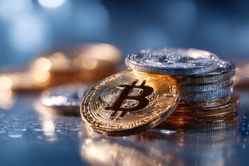 Stacked silver  gold Bitcoin coins are prominently featured with a reflective surface and blurred background