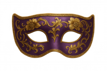 Purple and gold masquerade mask with ornate floral scrollwork, celebrating carnival, mystery, and elegance