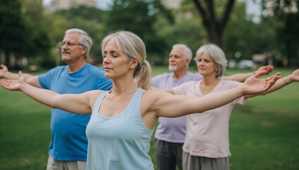 Active Seniors Practicing Tai Chi Outdoors in a Serene Park Setting