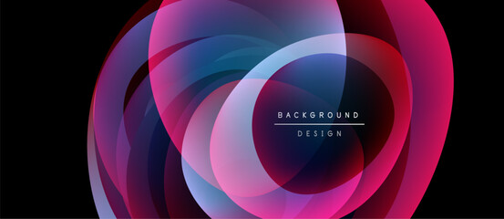 Abstract flowing shapes, vibrant pinks, blues, purples. Modern design element with text overlay, dark background.