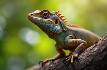 Fototapeta premium Colorful lizard perches on tree branch in rainforest. Iguana has vibrant scales, spiky crest on its head. Wildlife scene in tropical environment. Close-up view of reptile in natural habitat.