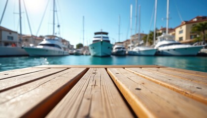 Fototapeta premium Wooden dock or pier in marina with several luxury yachts or boats moored in calm blue clear water on sunny day. Houses or buildings on background.