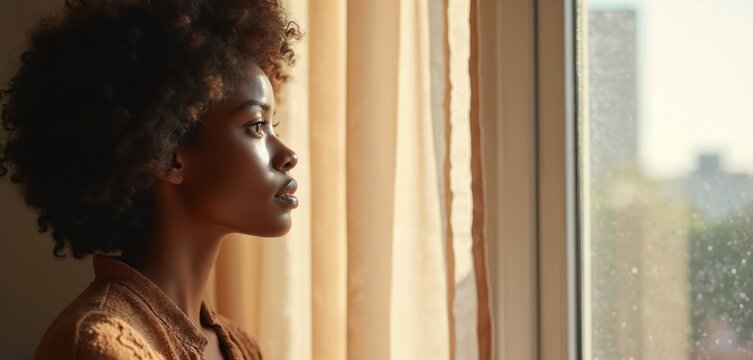 Young black woman looks through window with curtains. Lady dreams alone indoors at home. African model plans future. Girl thinks about life decisions considers opportunities. Female anticipates good