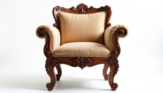 Ornate wood armchair with carved details and beige upholstery isolated on white studio background. Classic furniture piece conveys elegance and comfort for luxurious interiors.