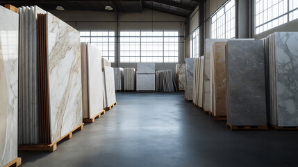 Obraz premium Large format stone and marble slabs in an industrial warehouse. Natural stone is neatly arranged for easy selection. Interior design materials.
