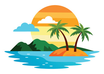 Tropical Island with Sunset Over Ocean EPS Vector