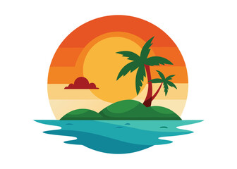 Beach Island Sunset Vector Illustration Isolated on White