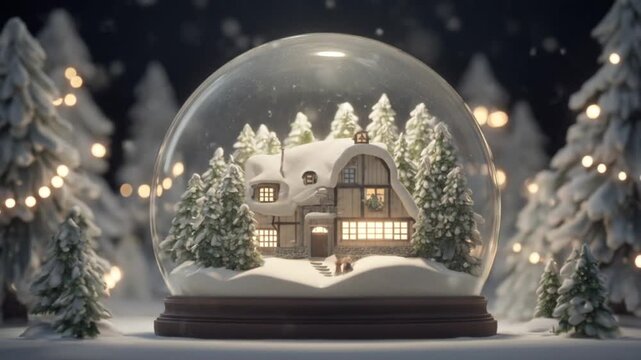 A charming snow globe showcases a cozy winter village nestled among snowy trees.