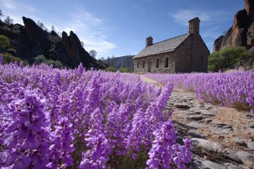 Stone building framed by vivid purple flowers with distant rocks under a bright sky