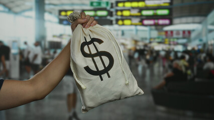 Man holding money bag in a busy airport terminal with people in the background, illustrating travel and finance connections.