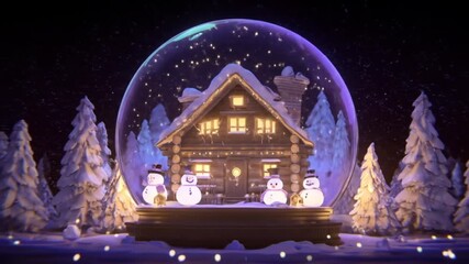 A charming winter scene with a snow globe showcasing a cozy log cabin and snowmen. - Powered by Adobe