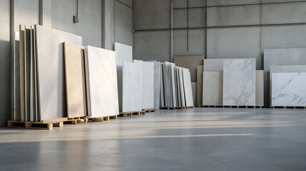 Assortment of large format tile, standing in stacks, on pallets, in a warehouse. Neutral color palette of whites and grays.