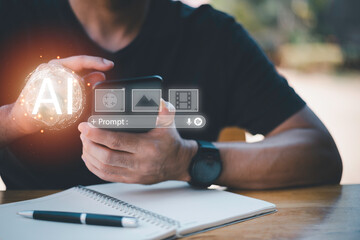 Businessman interacting with AI prompt interface, symbolizing generative artificial intelligence, prompt engineering, content creation by AI, machine learning tools, and digital automation future.