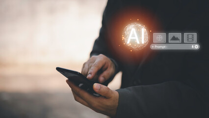 Businessman interacting with AI prompt interface, symbolizing generative artificial intelligence, prompt engineering, content creation by AI, machine learning tools, and digital automation future.
