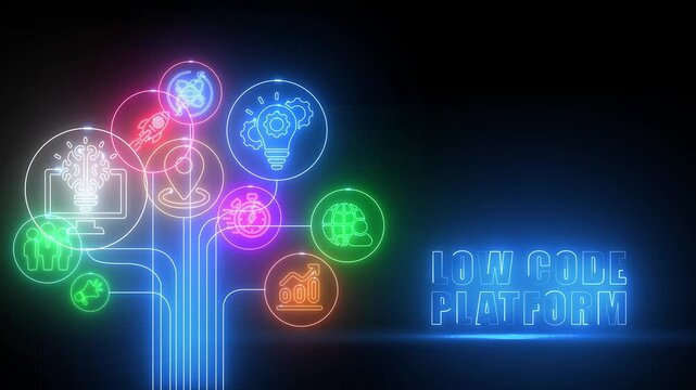 Neon Low Code Platform Concept with Connected Icons and Glowing Text on Dark Background technology