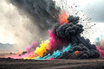 Abstract charcoal powder burst with splattered paint in chaotic composition