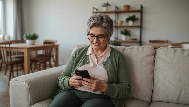 Elderly woman using a smartphone while relaxing on a sofa at home