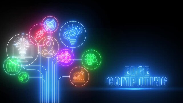 Neon Edge Computing Concept with Connected Icons and Glowing Text on Dark Background technology business