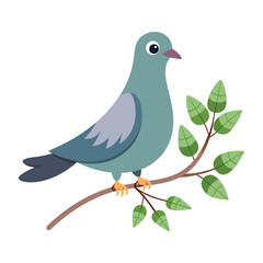 Pigeon Sitting on Branch with Leaves Vector Illustration