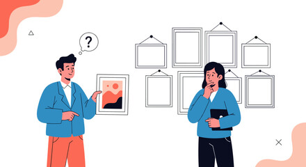 Two people contemplate art at a gallery exhibition featuring framed pictures.