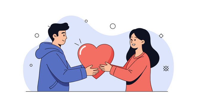 A young man and woman exchange a large red heart in a gesture of love and affection.