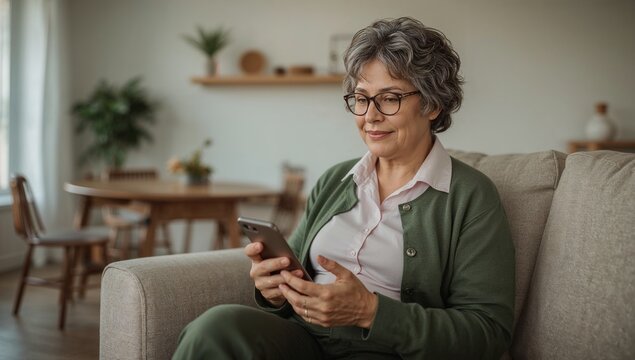 Elderly woman with grey hair wearing glasses and a green cardigan, sitting on a sofa and looking at her smartphone
