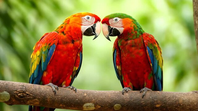 Two vibrant macaws engage in affectionate behavior on a branch among lush greenery. This lively setting highlights the beauty of nature, ideal for wildlife enthusiasts and education